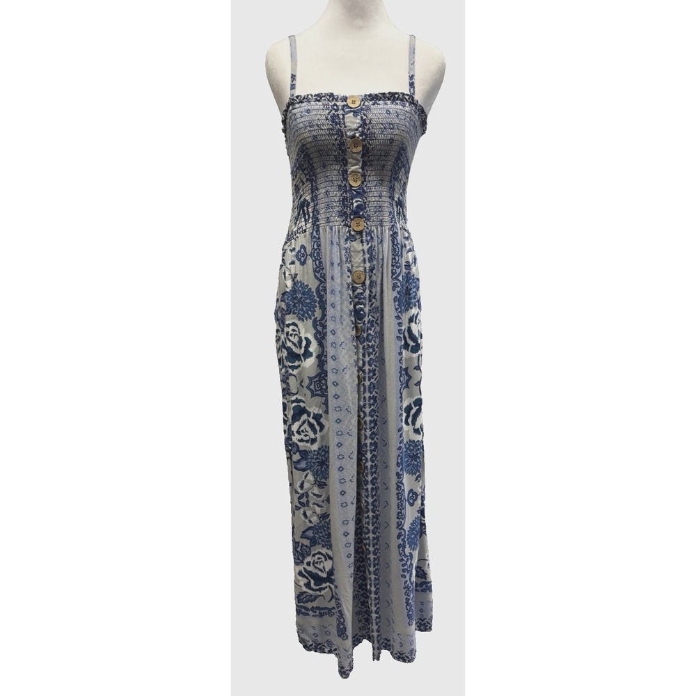 Angie Floral Smocked Maxi Sun Dress Size S Resort Beach Coastal Blue Boho Vaca - Picture 2 of 11